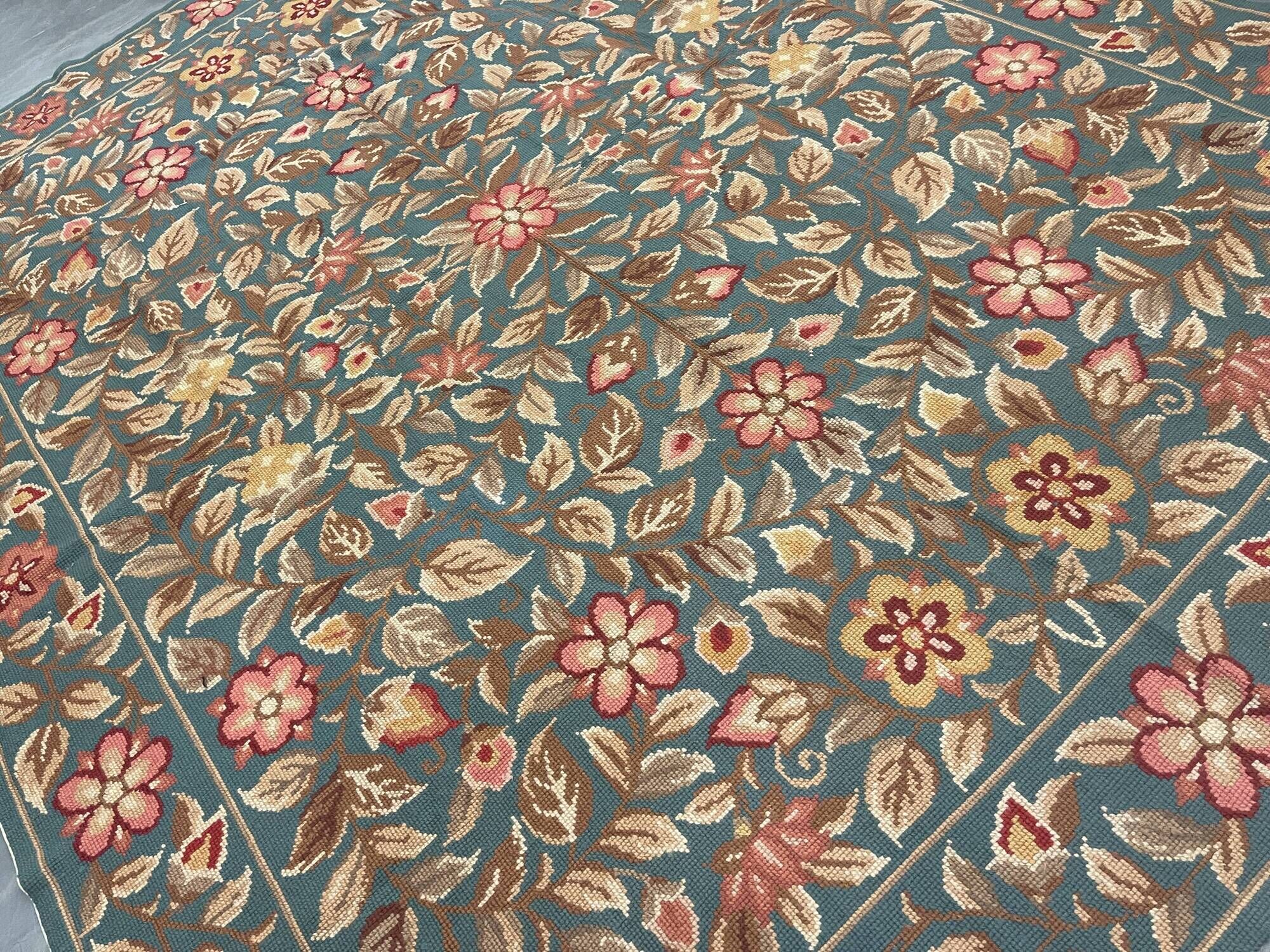 Large Floral Needlepoint Rug 217x277cm Teal Green Traditional Flatweave Carpet