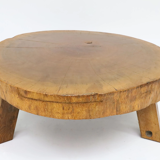 Wood coffee table, brutalist work, trapezoidal tripod base