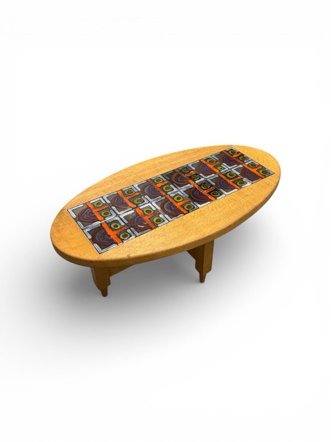 Oval coffee table in oak and ceramic by Guillerme & Chambron for