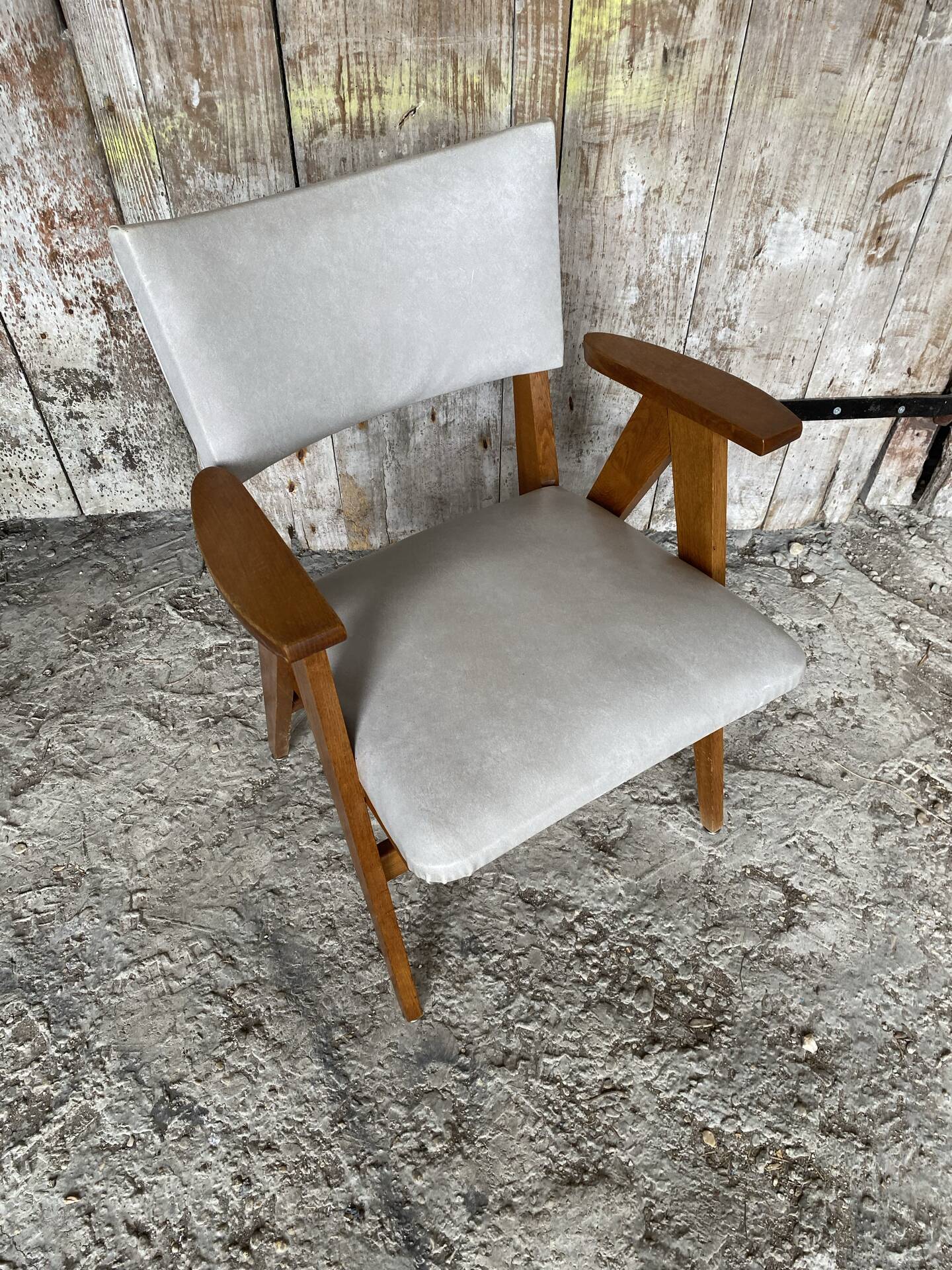 Vintage 1960s Scandinavian Bridge Armchair Wood + Grey Faux Leather