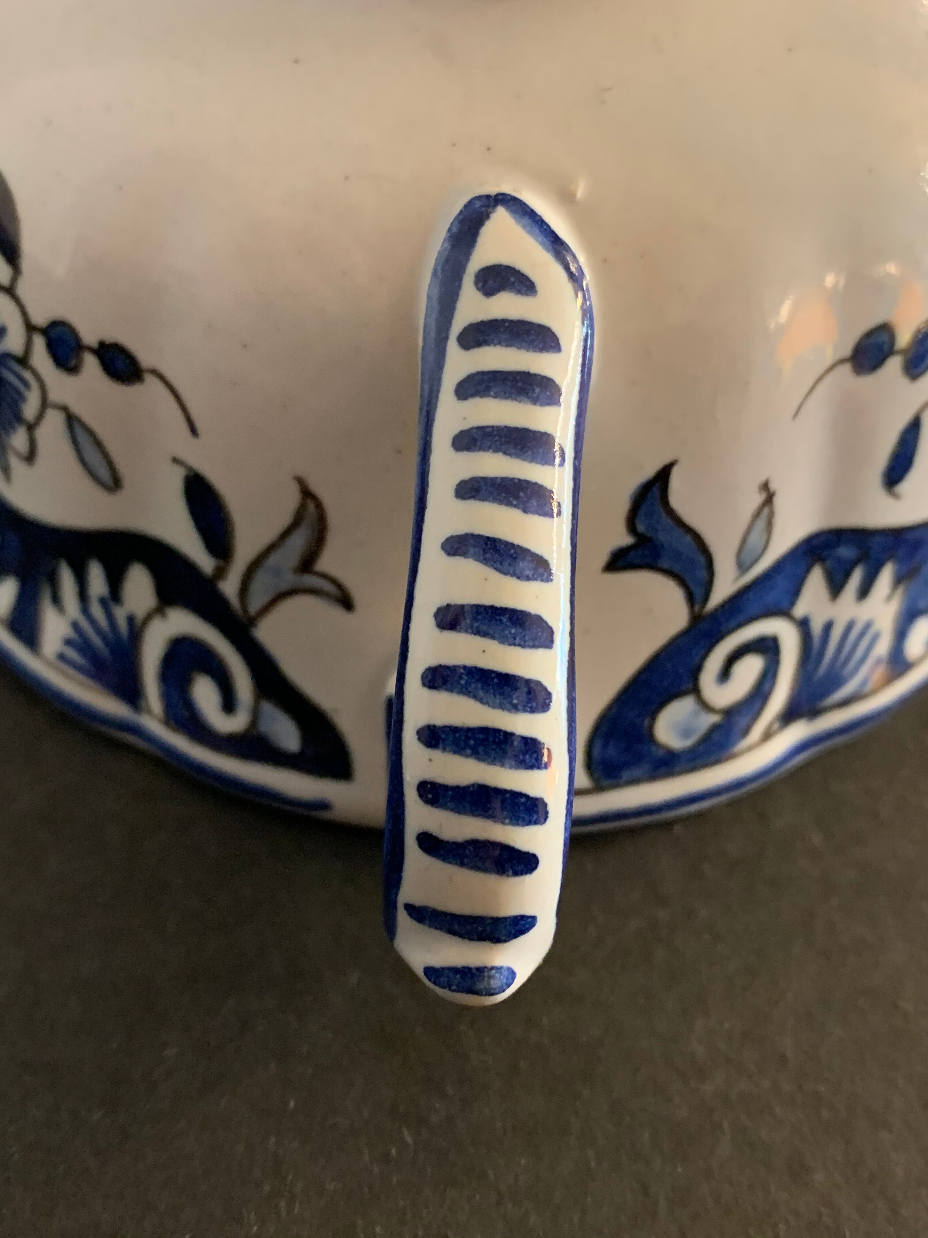 Old mustache cup and its under cup, Rouen earthenware