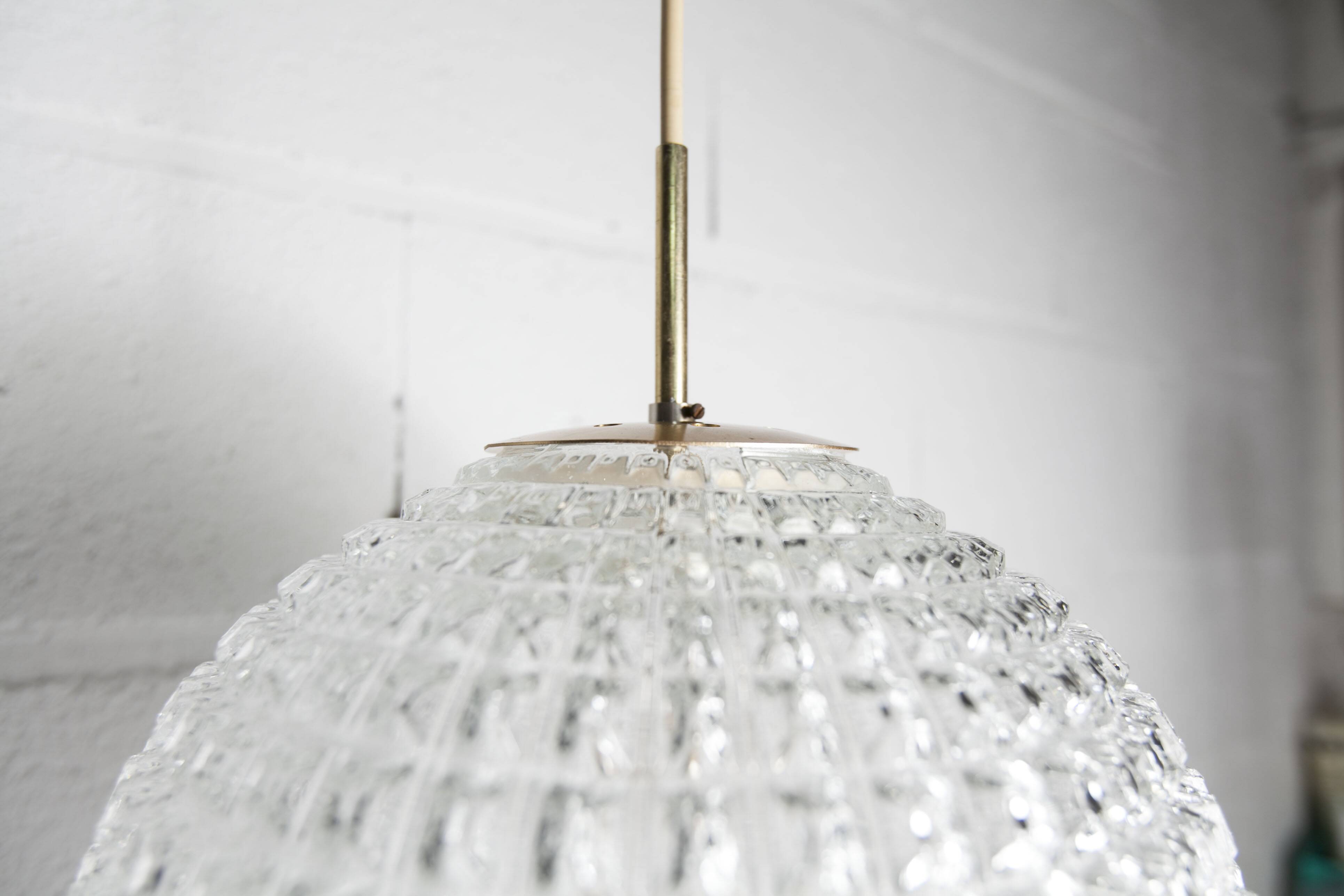 1960s Holophane Ball Pendant Chandelier, Thick Glass, 30 cm, and Vintage Brass