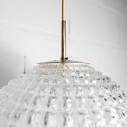 1960s Holophane Ball Pendant Chandelier, Thick Glass, 30 cm, and Vintage Brass