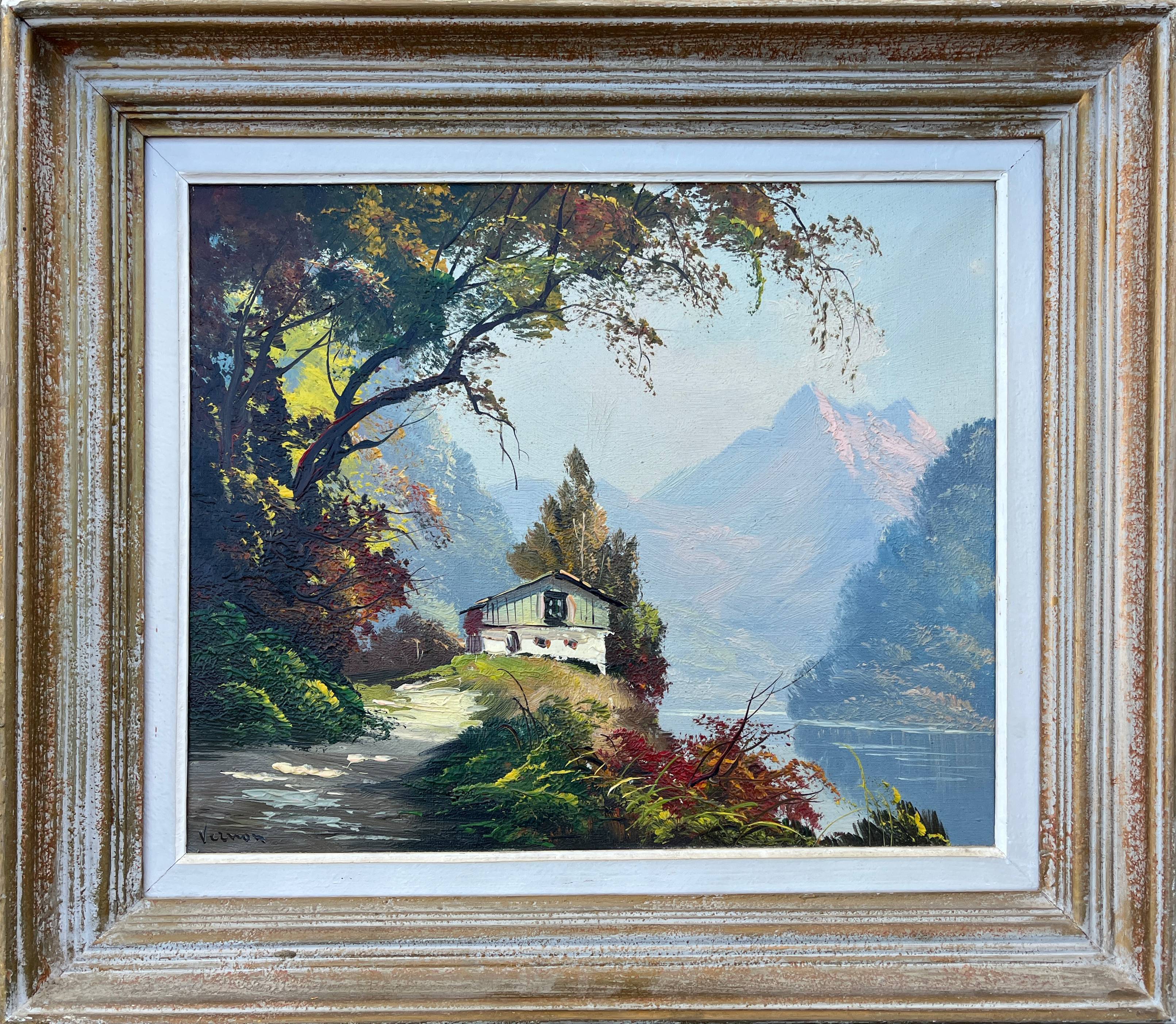 Tableau HST "Paysage de montagne lacustre" signé Vernon + cadre
