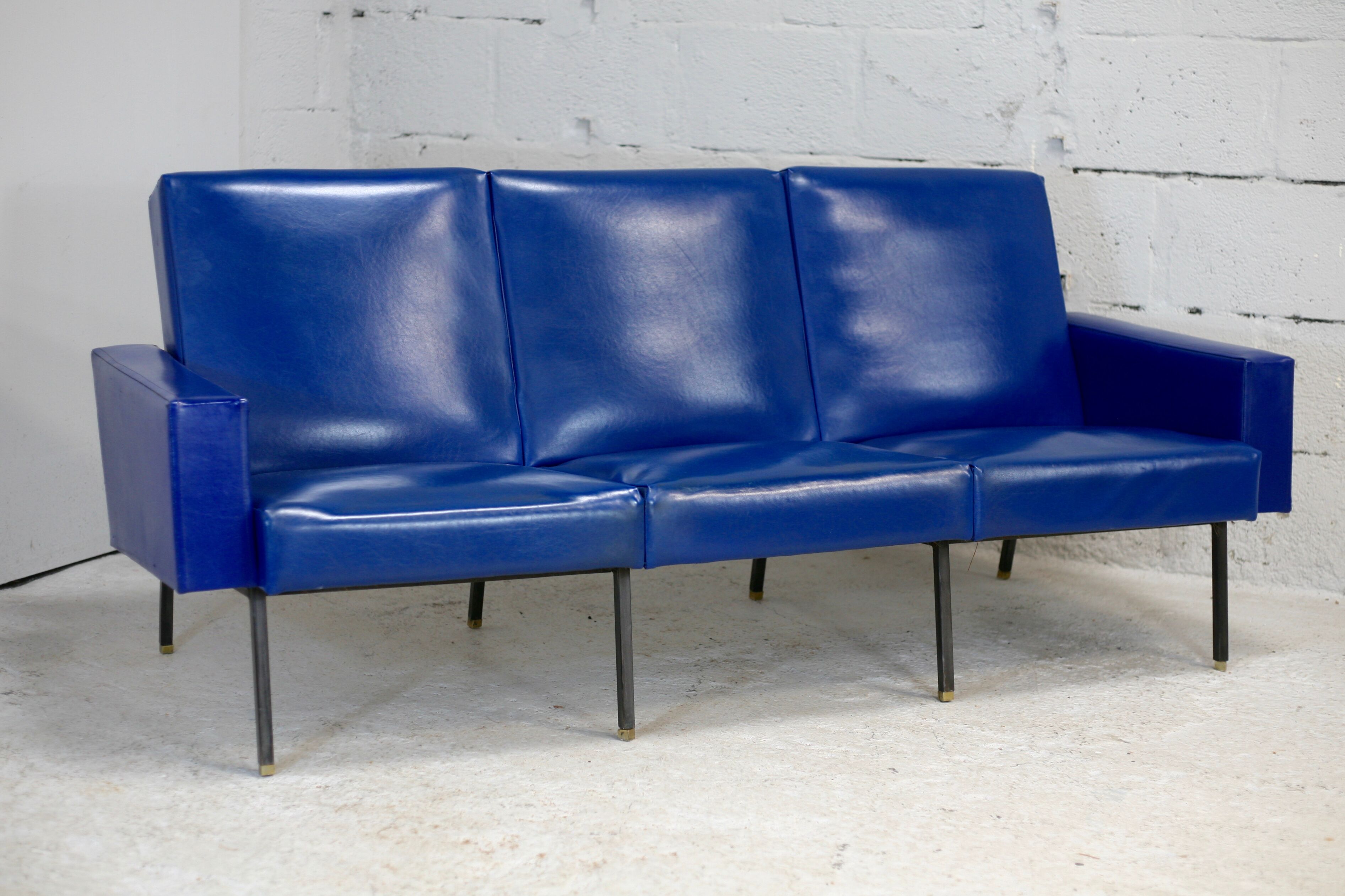 Sofa imitation leather blue and steel, 3 seats, France, circa 1960