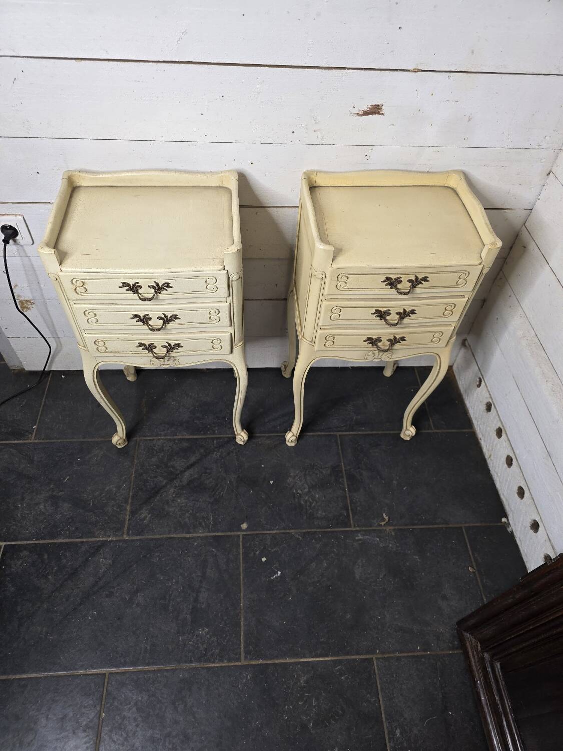 Pair of Louis XV style bedside tables with patina