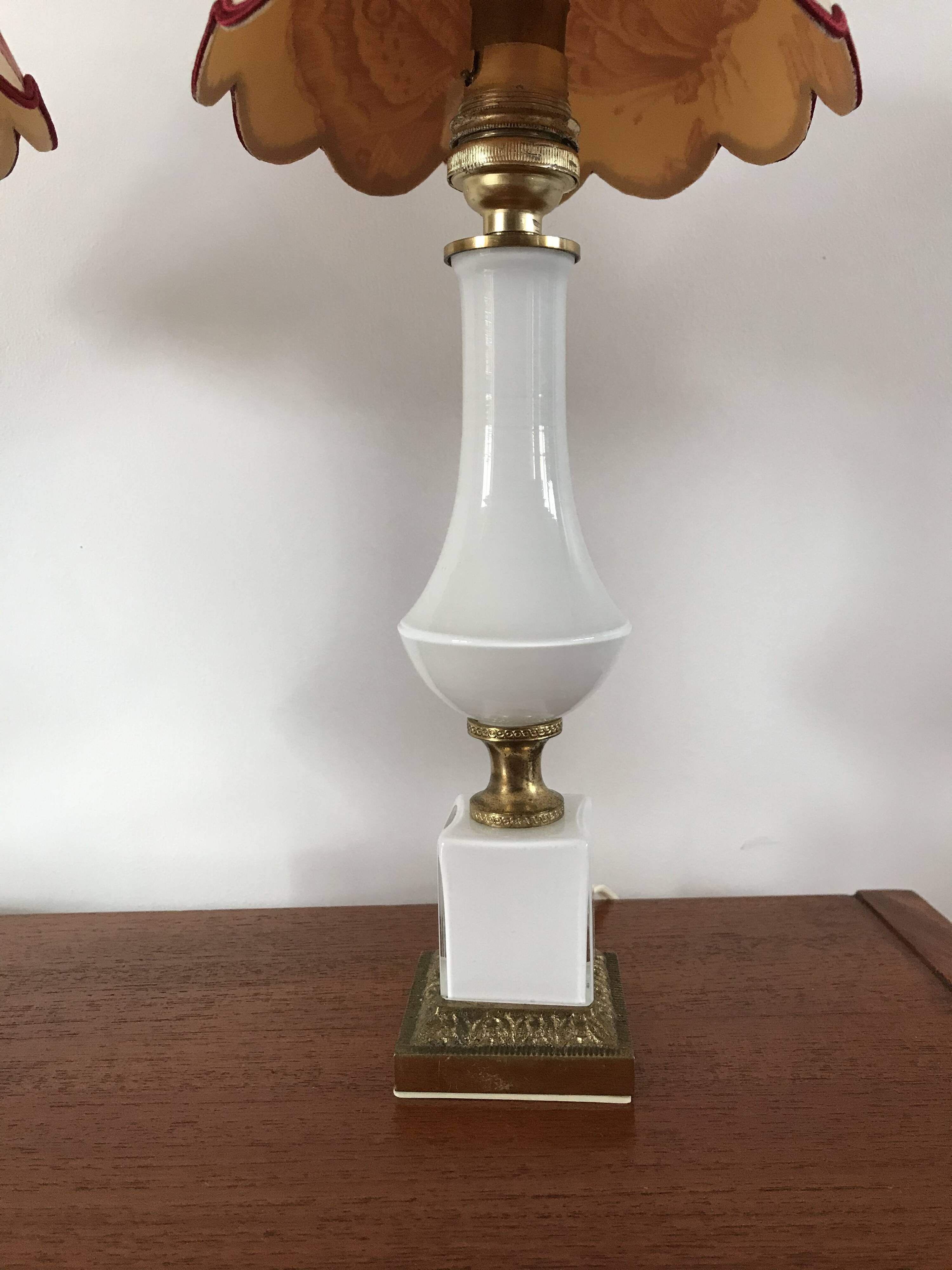 Pair of bedside lamps in opaline and brass toile de jouy lampshades 1950