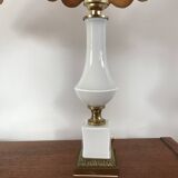 Pair of bedside lamps in opaline and brass toile de jouy lampshades 1950