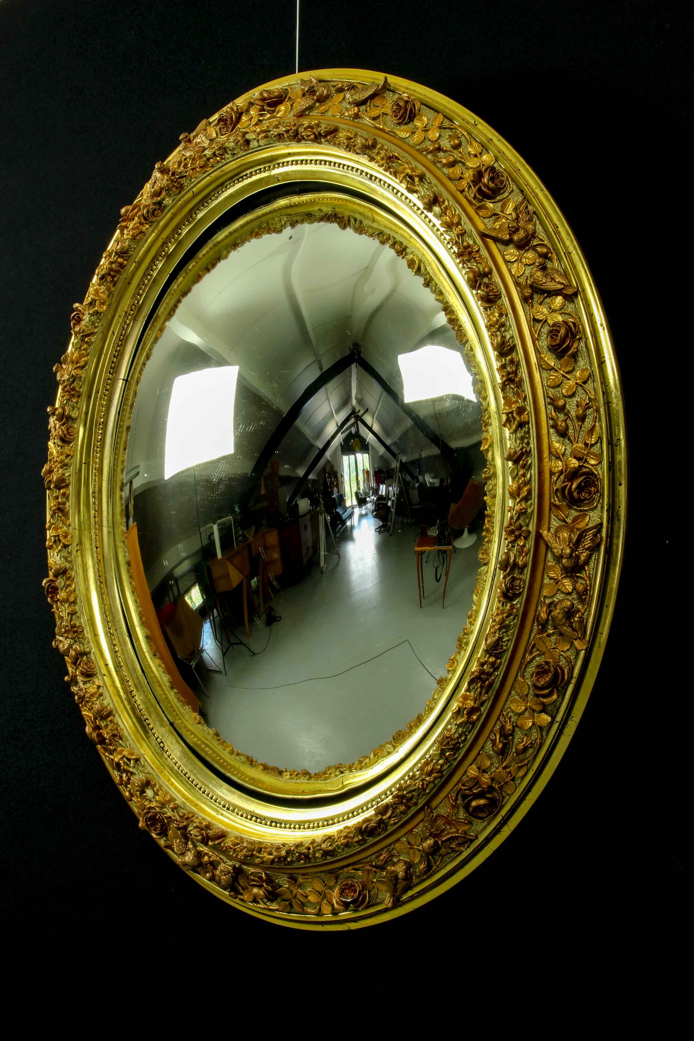 19th century French Gilt  butler mirror with roses and birds