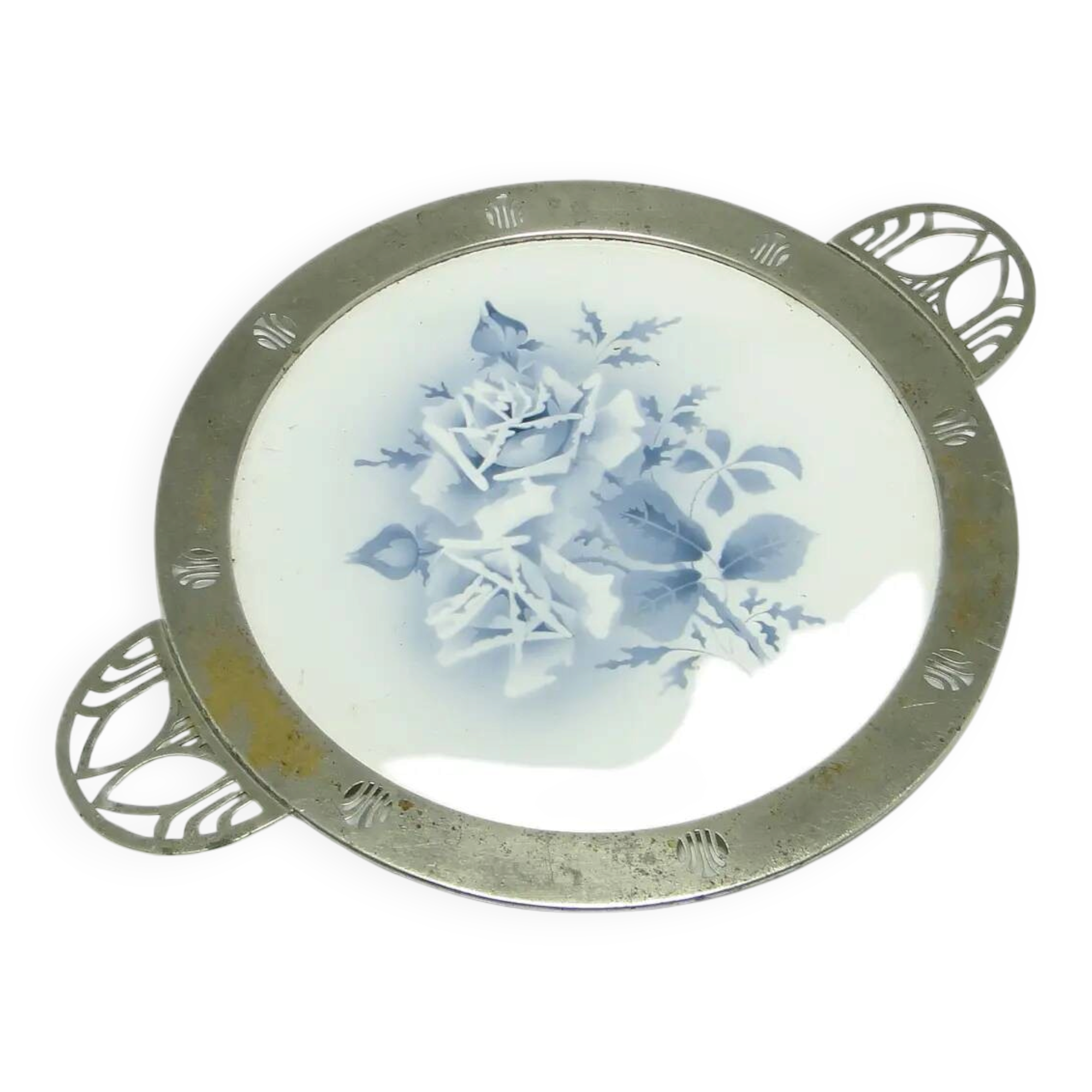 Art Nouveau tray, silver-plated brass, white porcelain, Austria, early 20th century