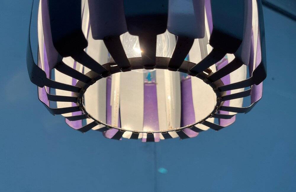 Metal pendant lamp and prism model in white mid-century by Werner Schou for Coronell Elektro, Denmark, 1960s.