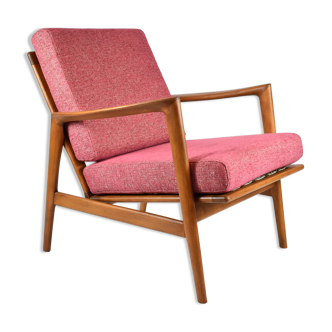 Fauteuil scandinave Stefan, entièrement restauré, rembourré, années 1960, tissu rose