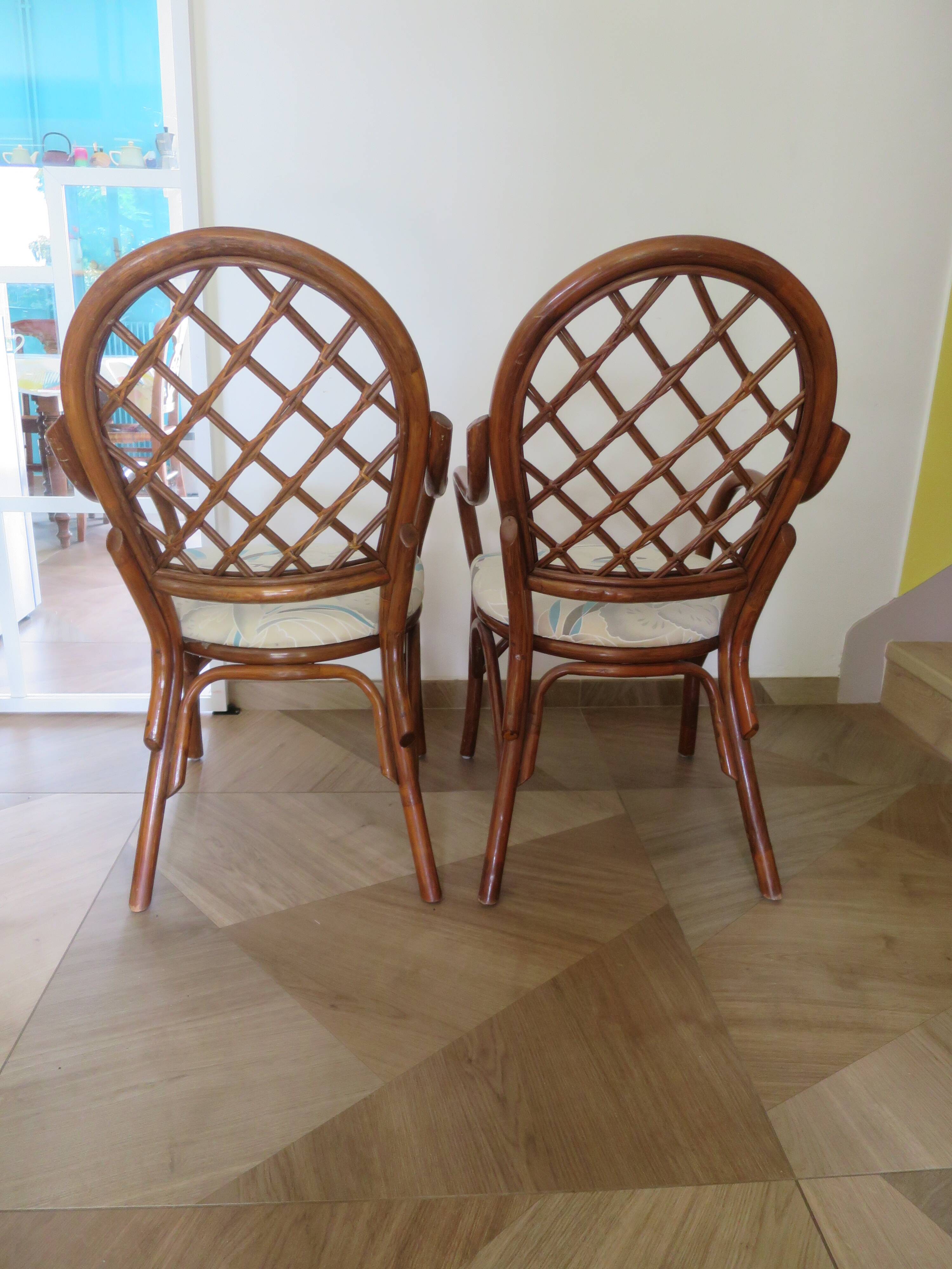 Vintage lot of 2 woven bamboo rattan armchairs - Curved wood - 1980s