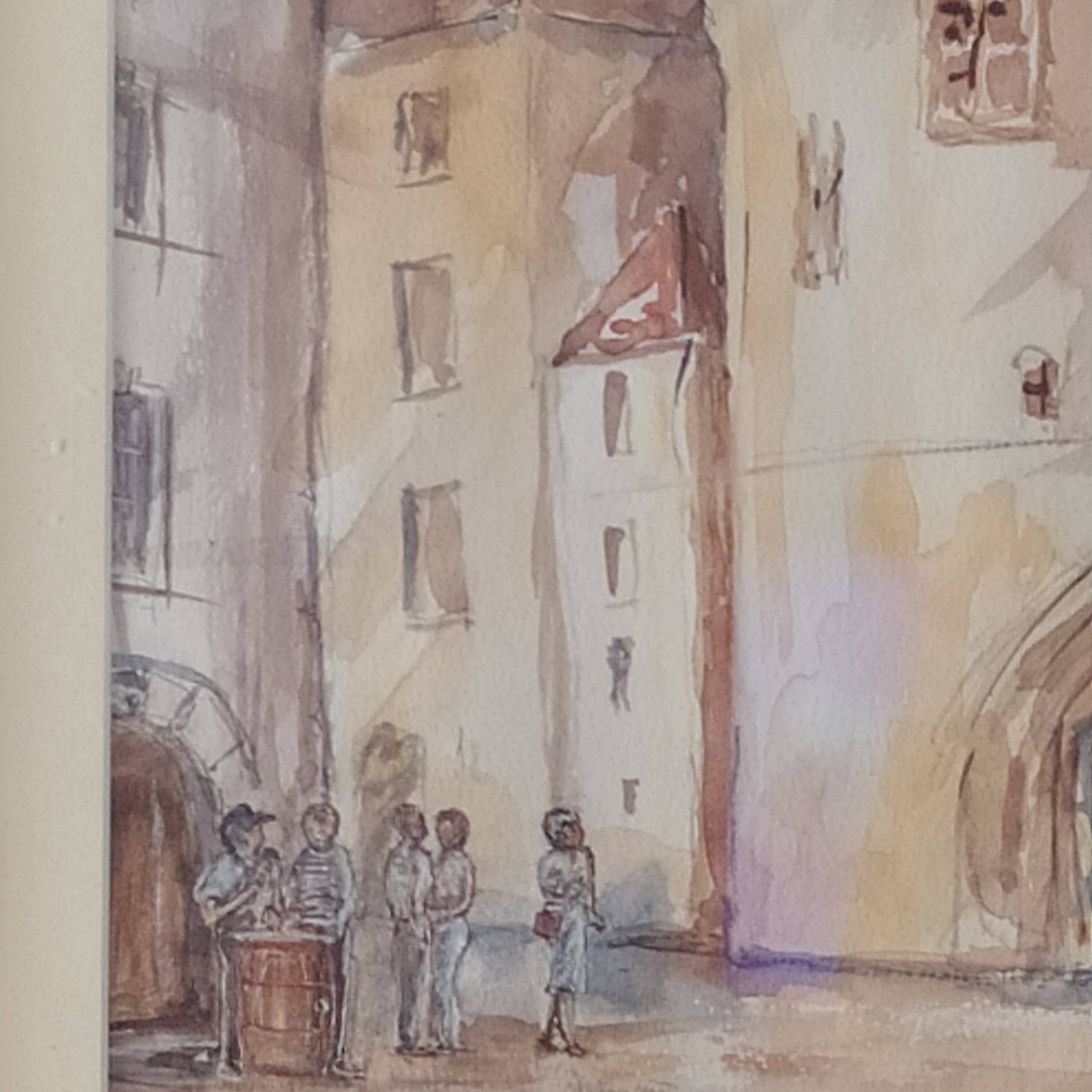 Watercolor "Music Festival at Porte Cailhau" Bordeaux signed Fouquet