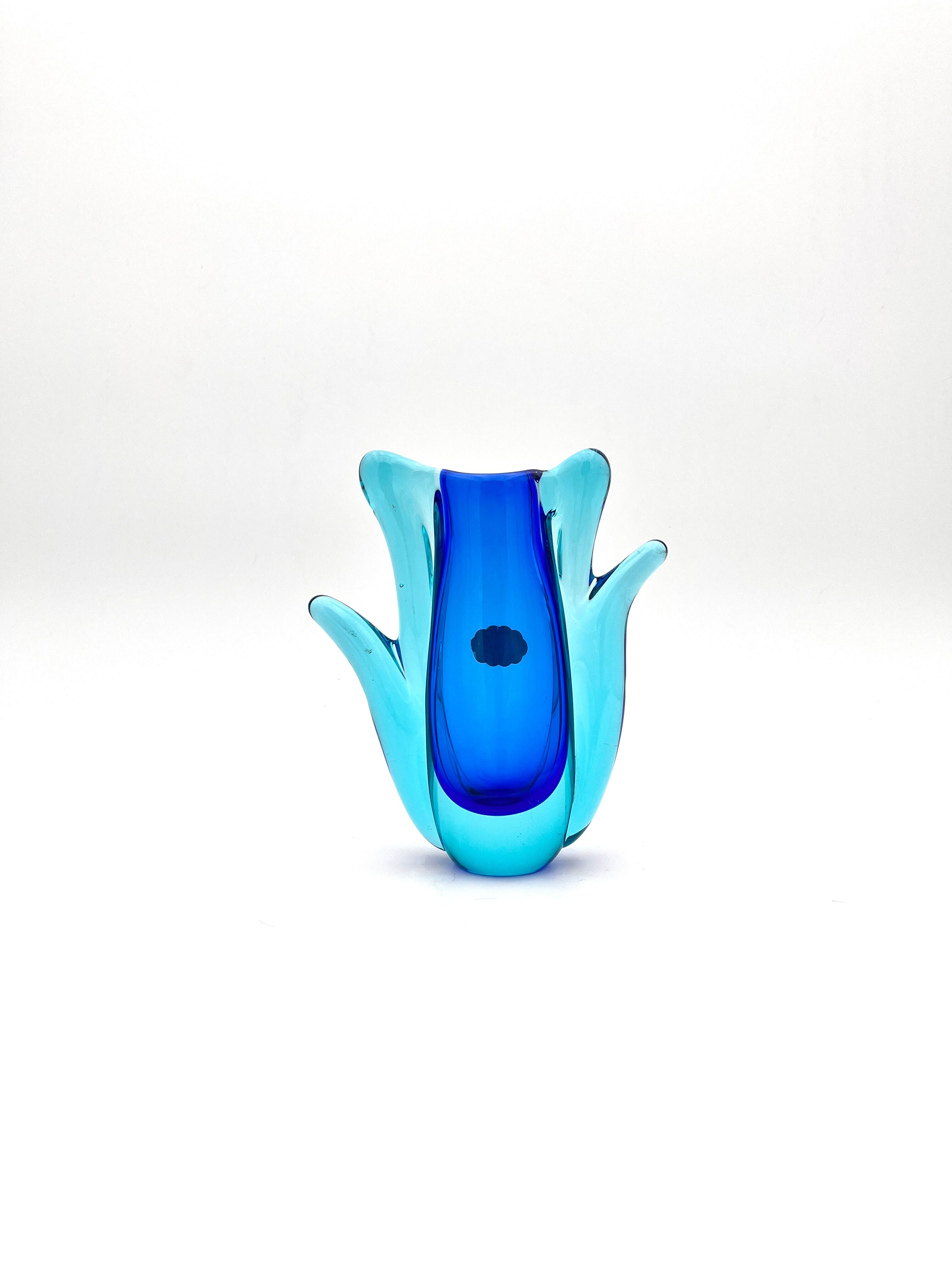 Vase Murano - Sommerso -Tulipe Organique - Bleu Cobalt et Lagon - 1960