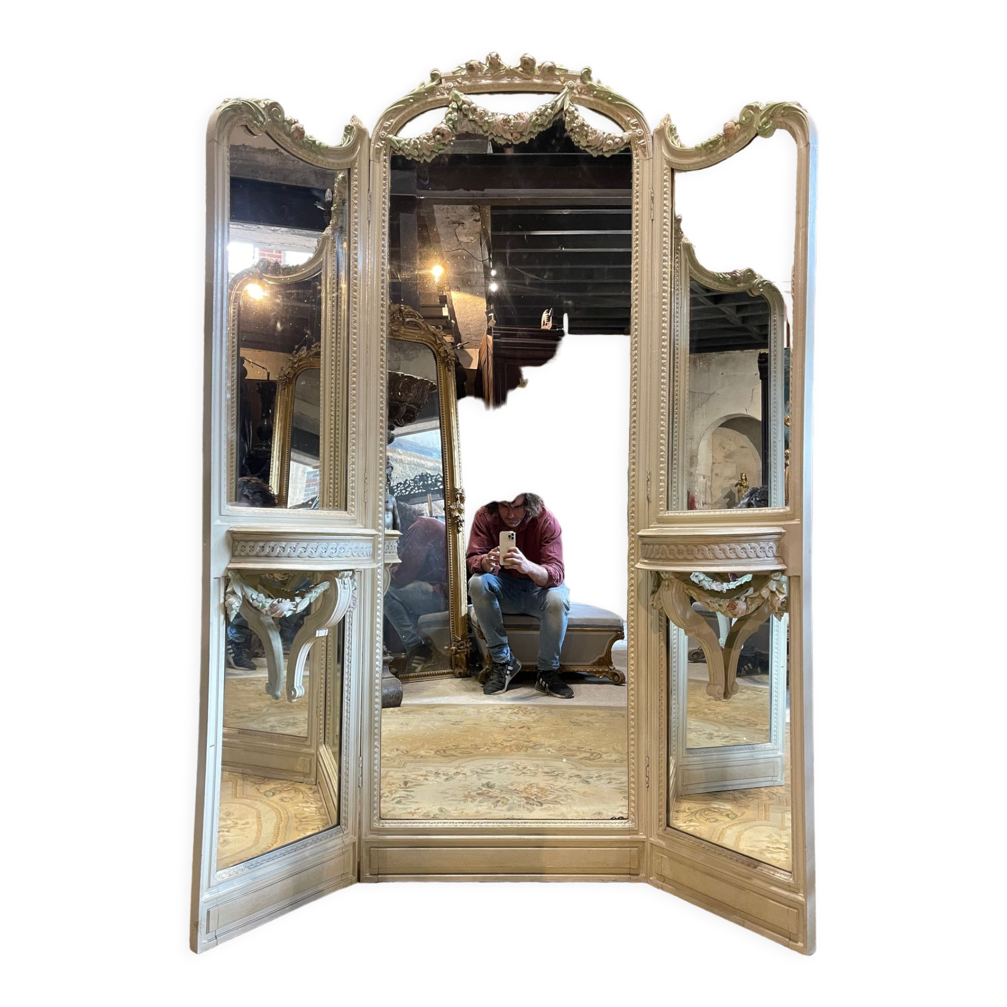 Mirror triptych style Louis XVI wooden rechampie cream XIX th century