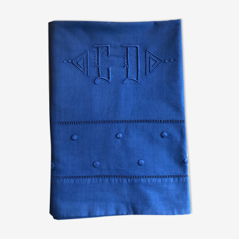 Drap ancien en lin et coton teinté en bleu Méditerranée