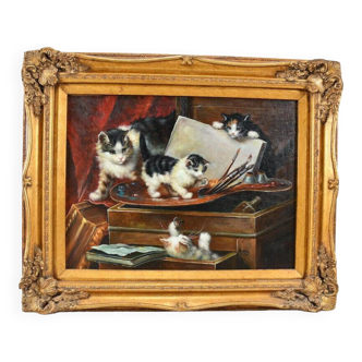 Framed oil on canvas "cats"