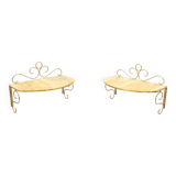 Pair of Wall-Mounted Brass and Murano Glass Console Tables / Nightstands