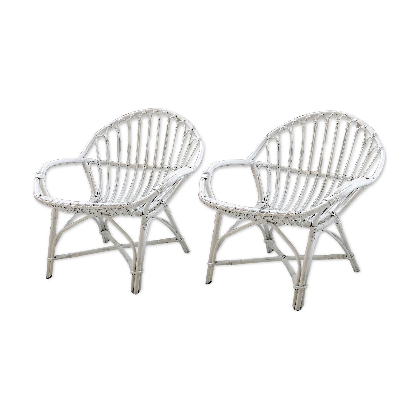 Pair of white rotin armchairs