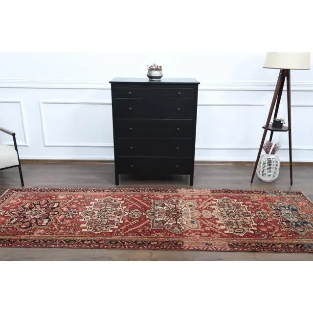 1970s Vintage Turkish Oushak Handmade Wool Cotton Red Runner Rug 101x305