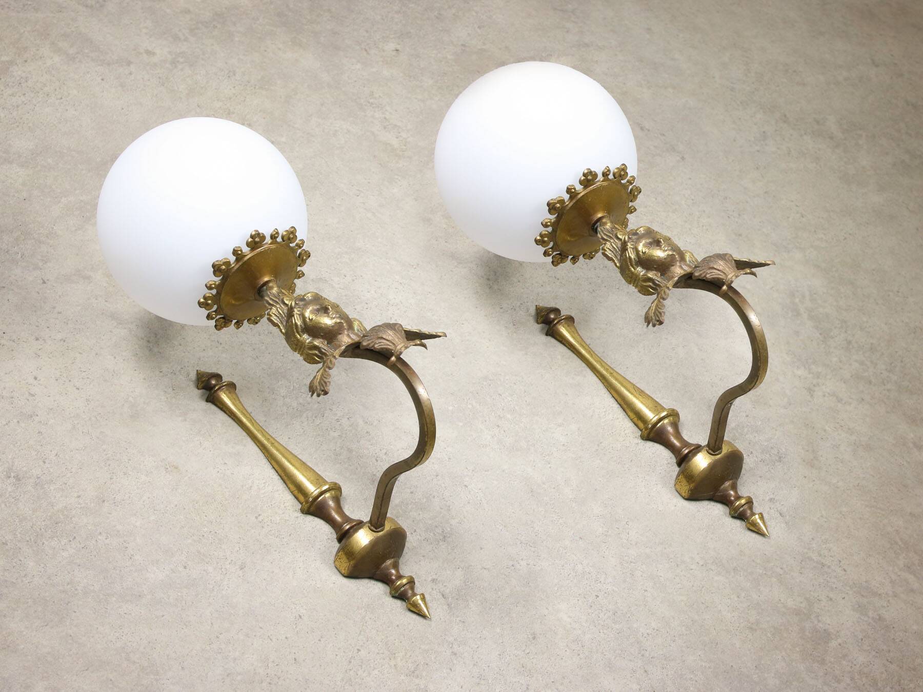 Antique Italian Figural Brass Wall Lamp, set of 2