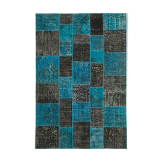 Hand-knotted turkish vintage 200 cm x 297 cm black patchwork carpet