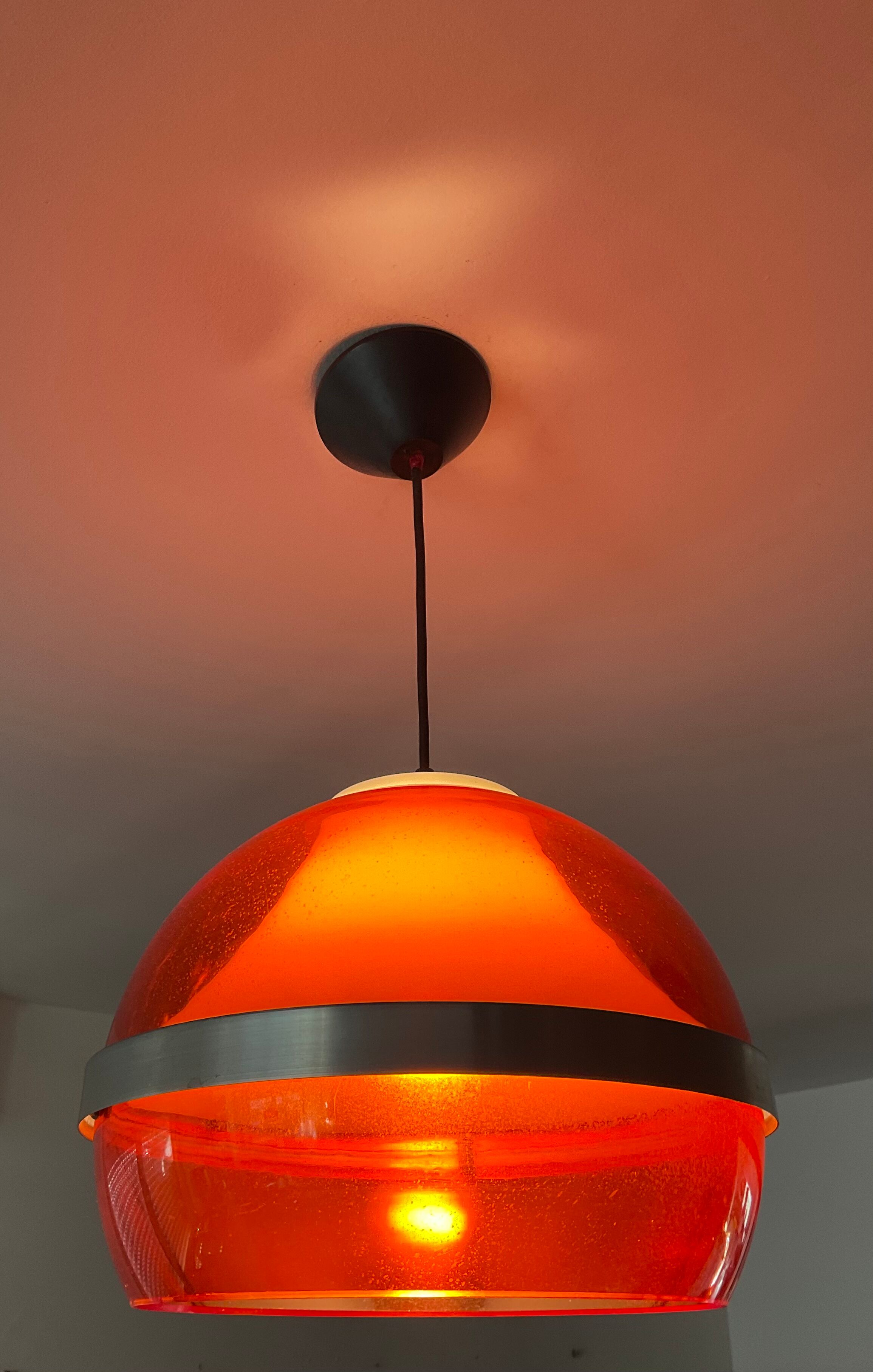 Space age pendant lamp in orange plexiglass and chromed metal