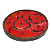 Plat brutaliste circulaire rouge et noir en céramique années 70's