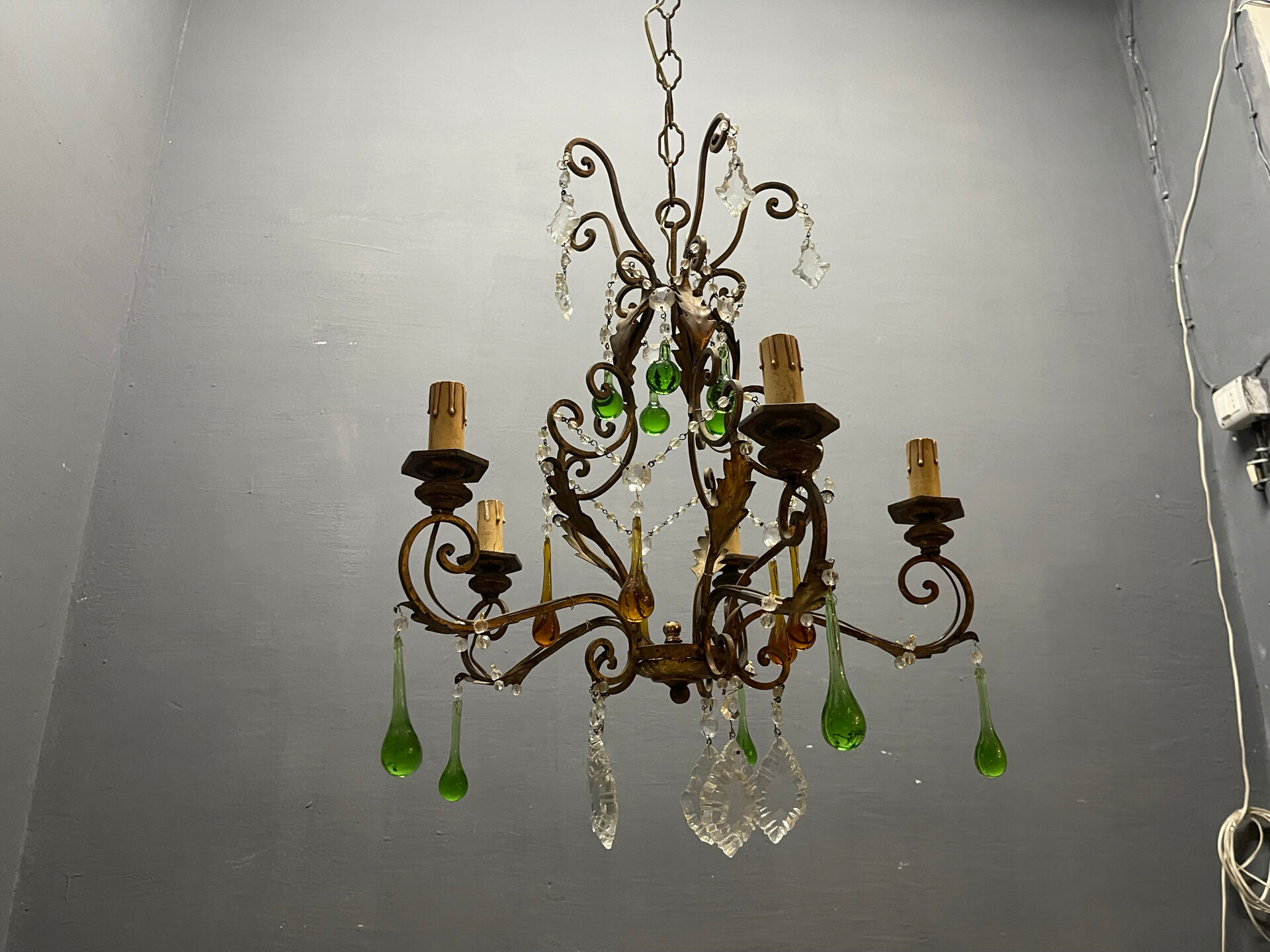 Italian 5-Light Tole Chandelier with Green & Amber Murano Glass Drops,