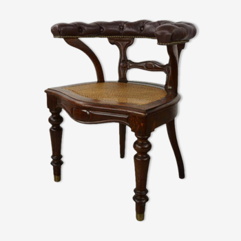 Fauteuil de bureau du 19e en bois, cuir et cannage