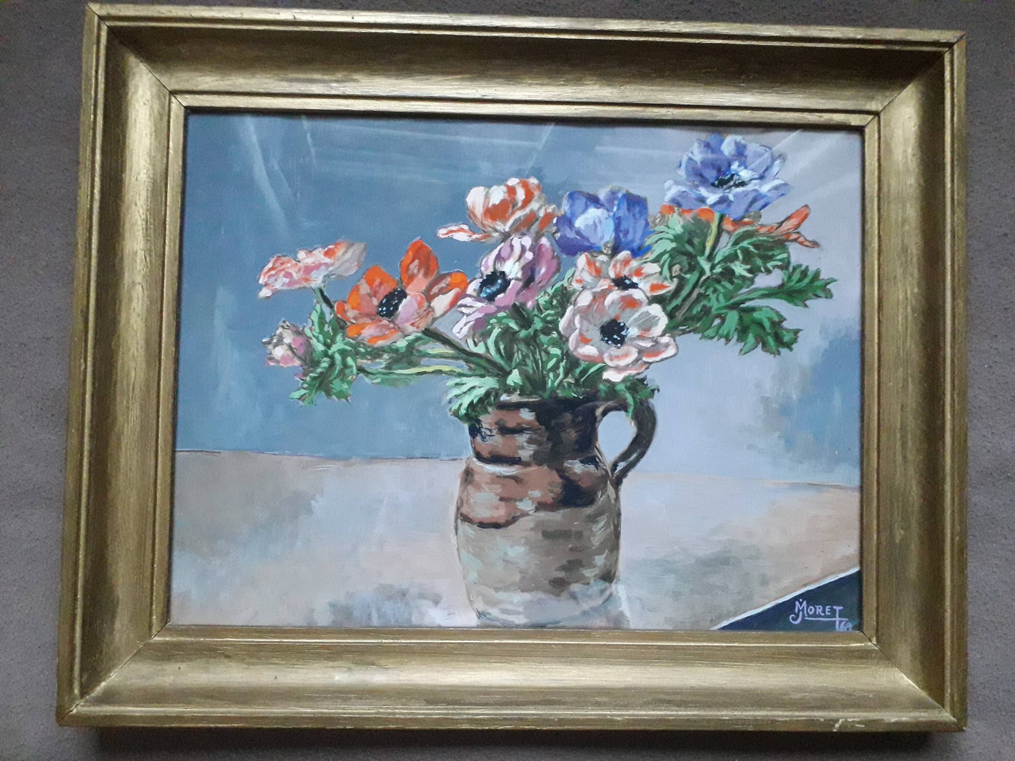 Tableau ancien représentant un bouquet d'anémones
