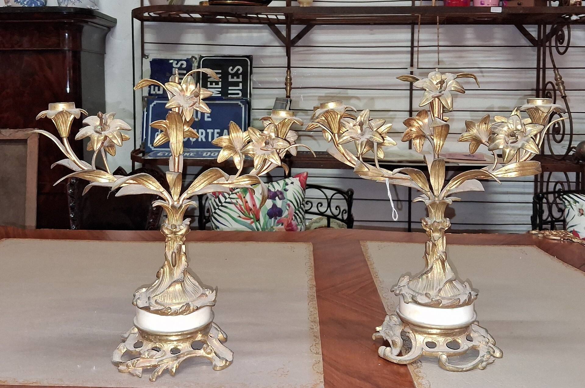 Pair of Louis XV Rocaille Style Candle Holders in Gilded Bronze and Marble