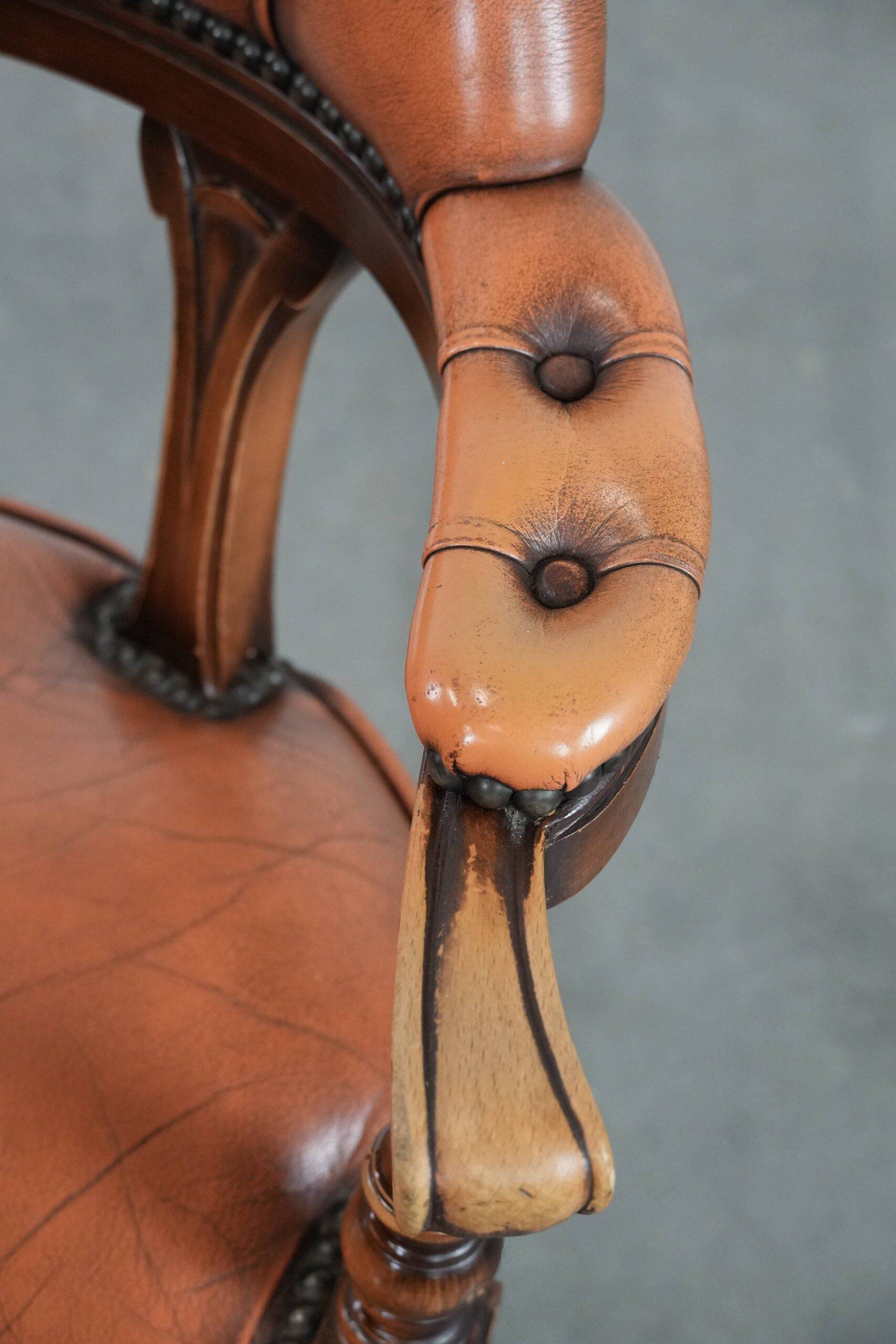 Classic and timeless cow leather and wooden Chesterfield office chair