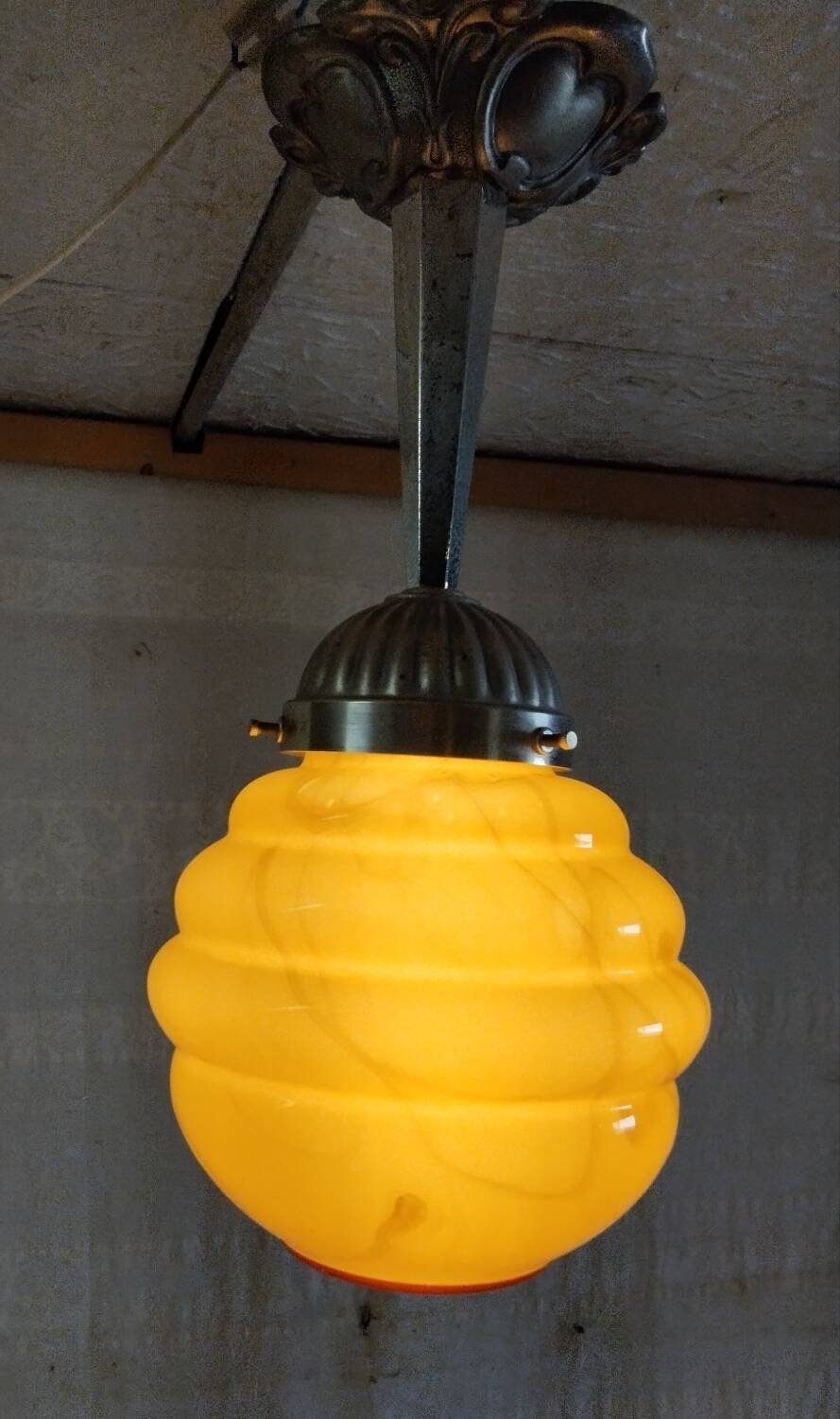Art Deco opaline marbled globe suspension and aluminium mount - mid 20th century.