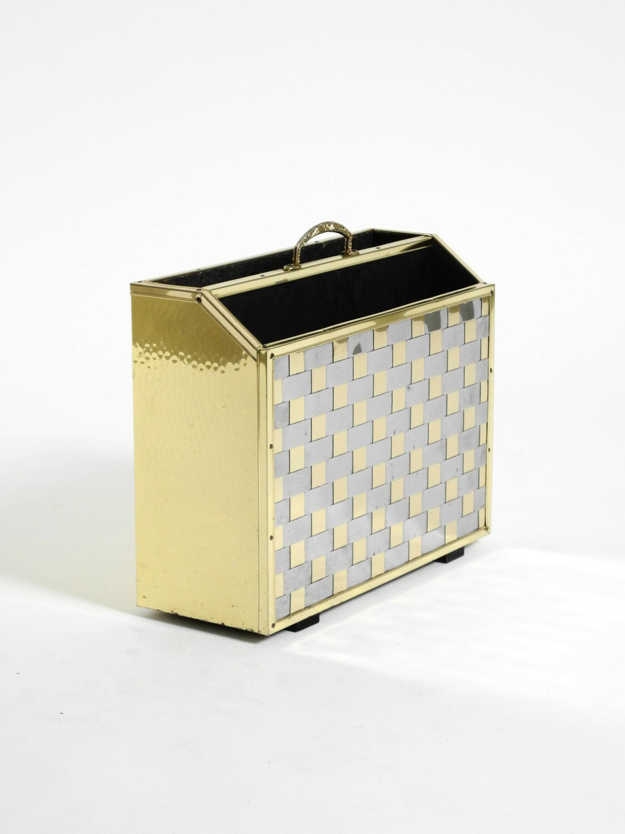 1980s newspaper rack made of brass and wood in Hollywood Regecy design