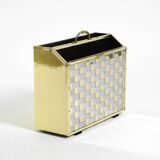 1980s newspaper rack made of brass and wood in Hollywood Regecy design