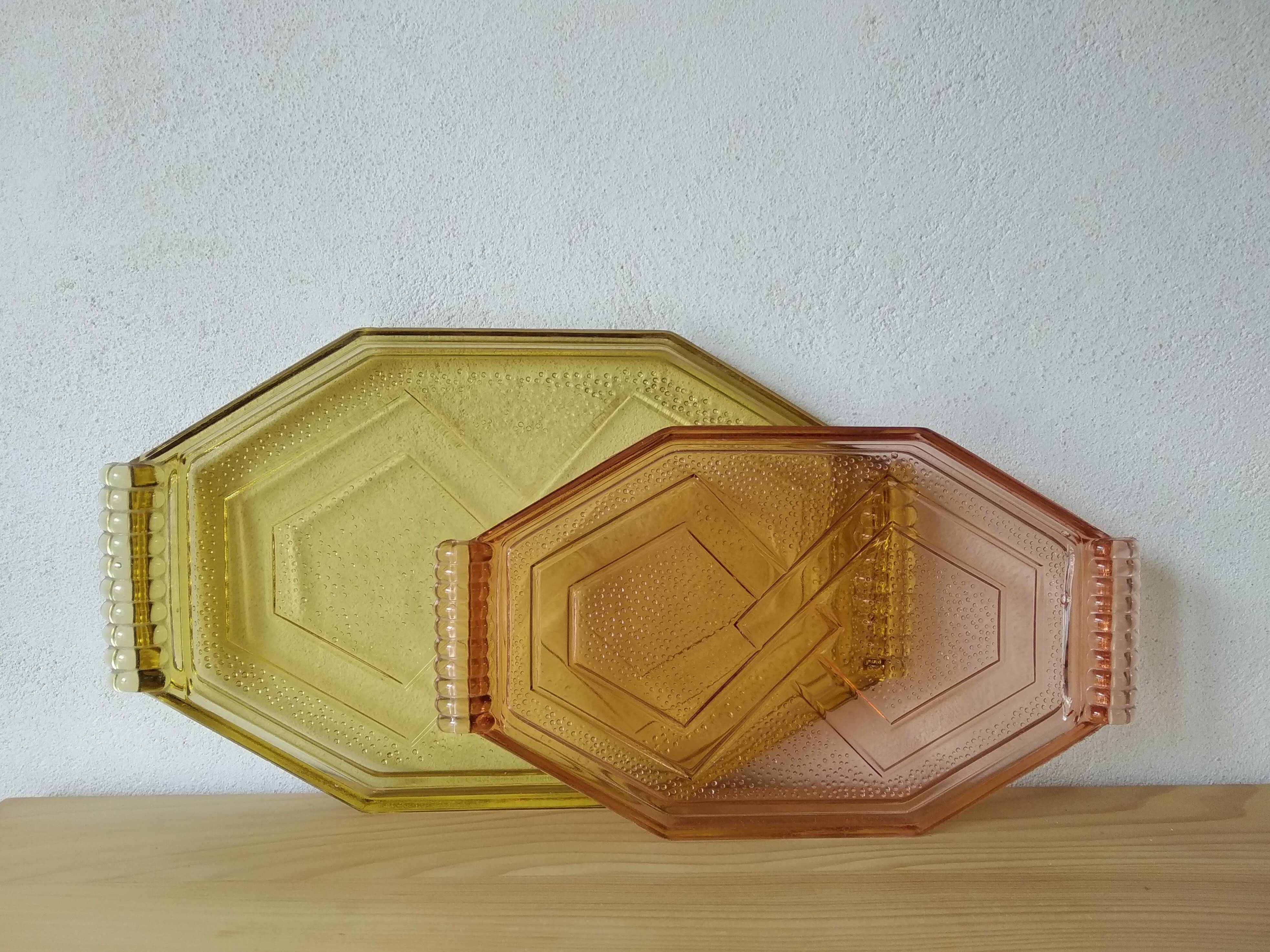 Art Deco pink pressed glass octagonal tray