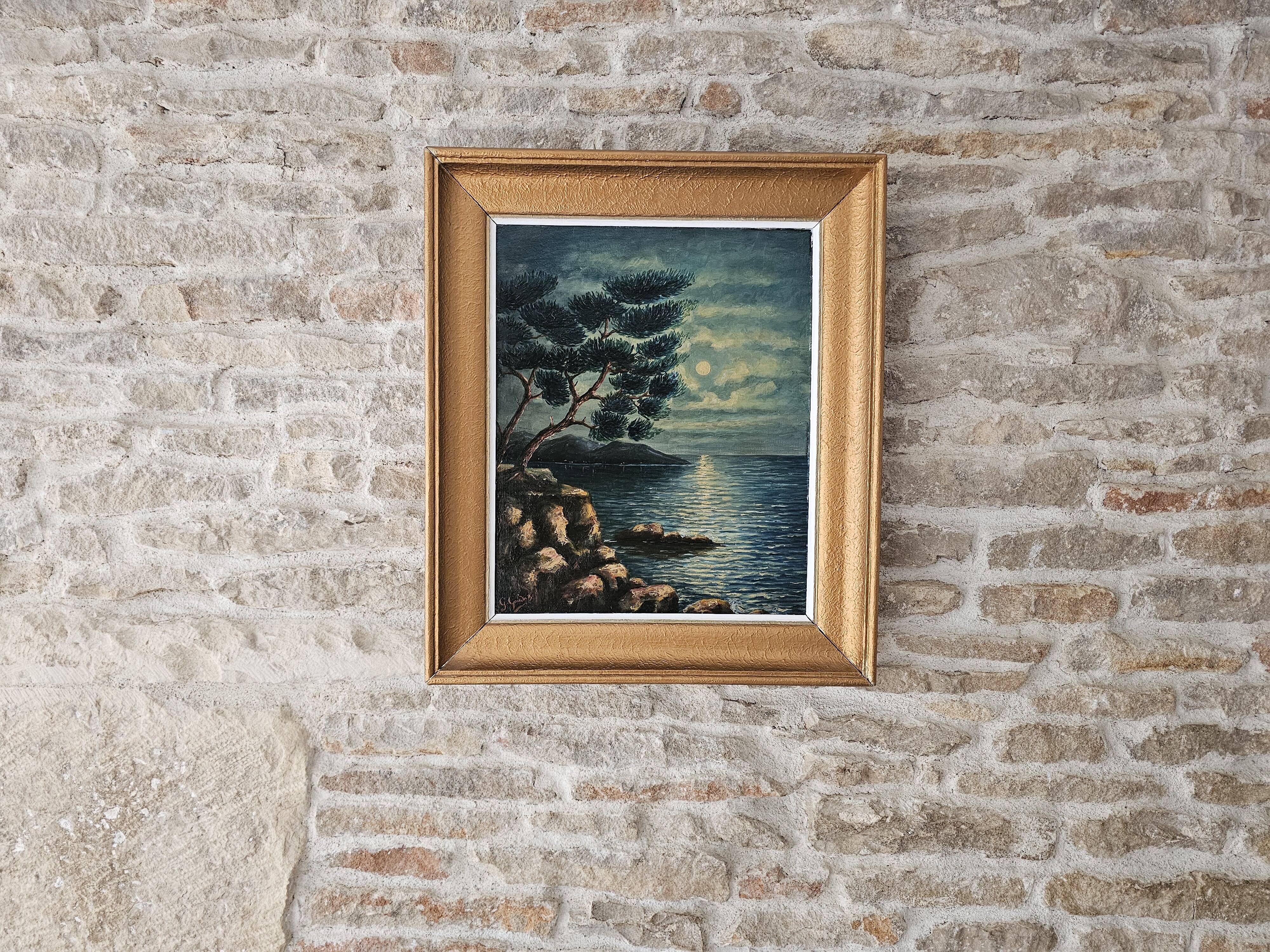 Oil on Panel - Marine Mediterranean Landscape at Night G Goudon