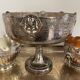 set of 3 silver metal chisel bowls with their tray