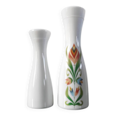 Pair of white opaline flower vases with floral decoration – 1970s