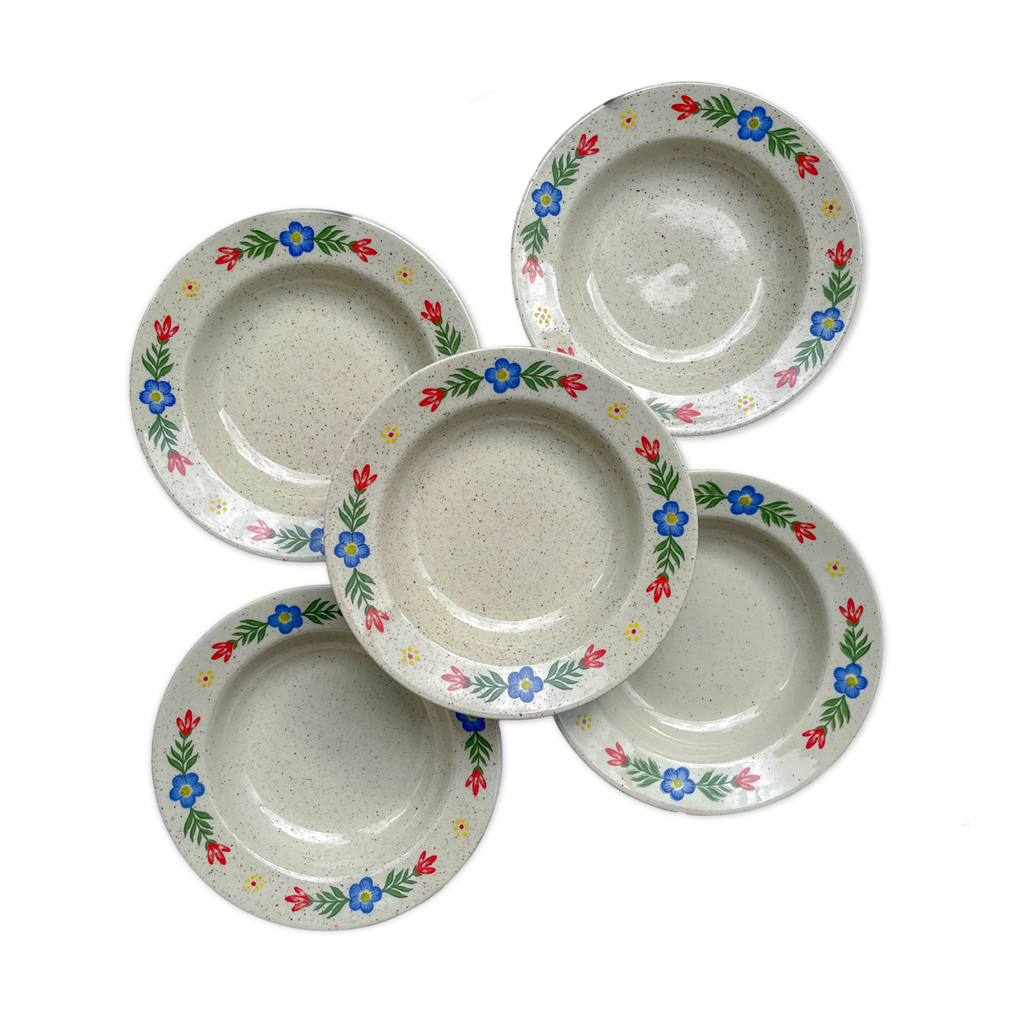 5 soup plates in speckled beige stoneware with floral pattern Tulowice Poland 1970
