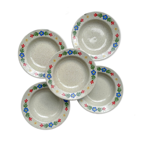 5 assiettes creuses en grès beige moucheté motif fleuri Tulowice Poland 1970