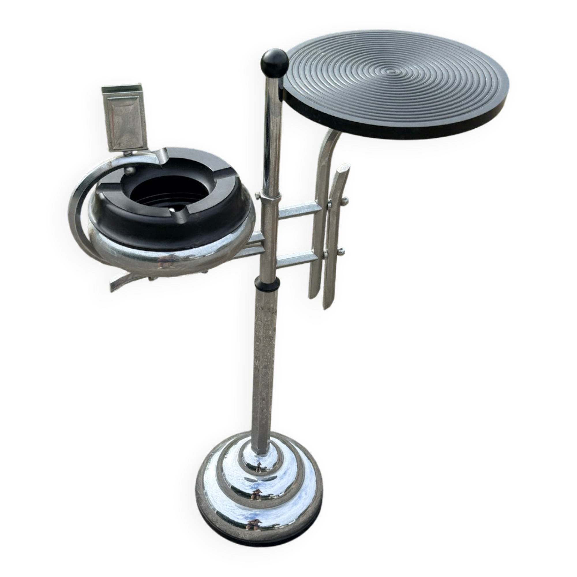 Art Deco ashtray, chrome and Bakelite by Demeyere, Belgium, 1930s.