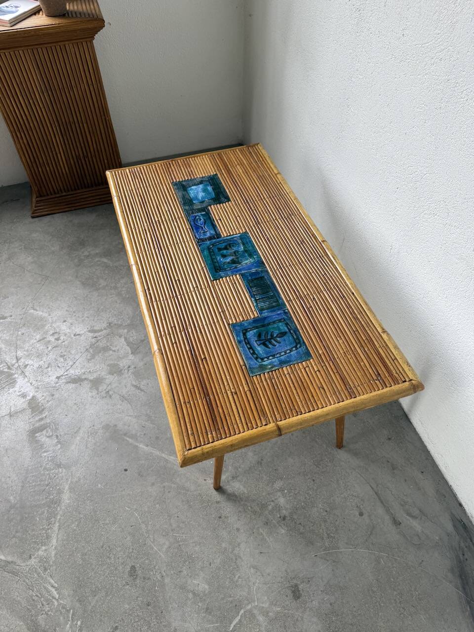 Rattan and ceramic coffee table, 60s