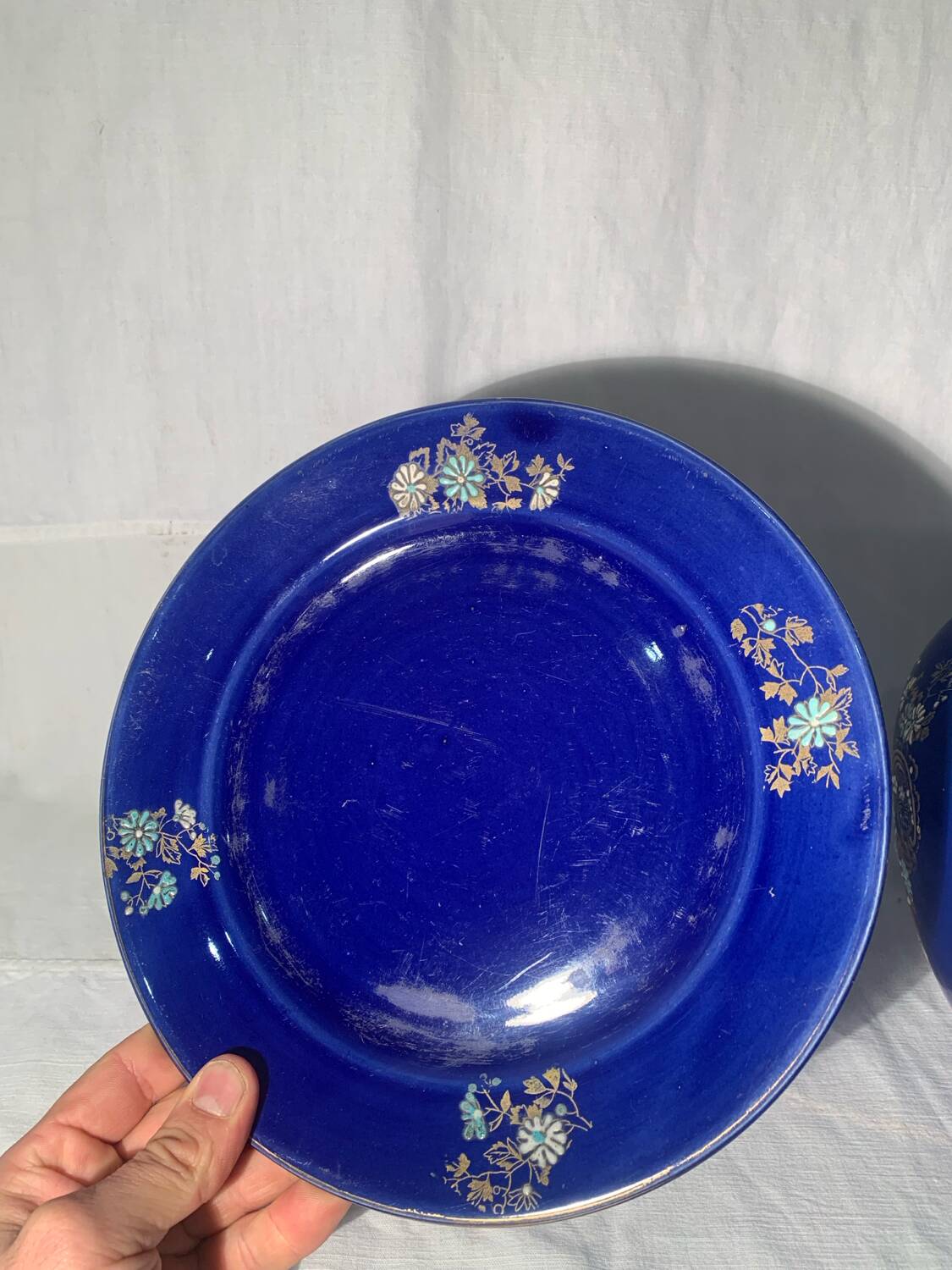 Antique blue flowerpot, ceramic, Art Nouveau earthenware circa 1900