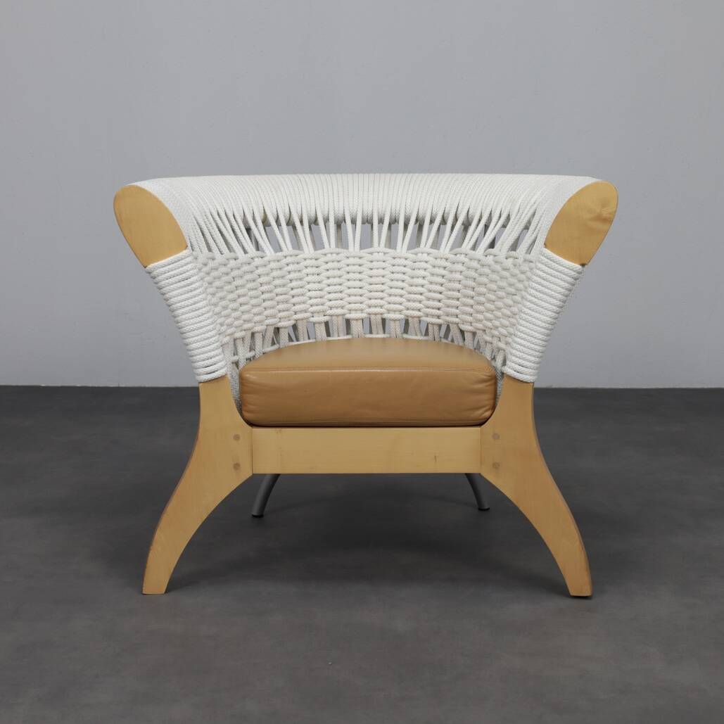 Handcrafted Italian lounge chair by Driade in wood, rope & leather, Italy, 1990s
