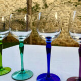 6 crystal glasses with coloured stems