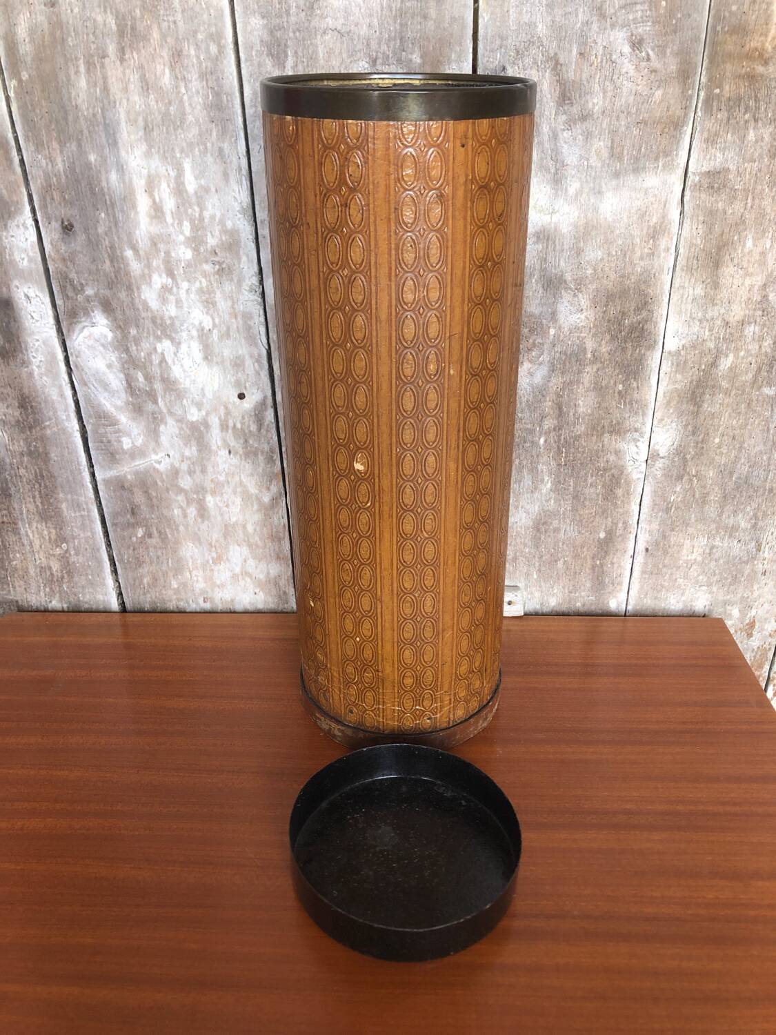 Boiled cardboard umbrella stand + brass strapping + vintage interior tray #a312