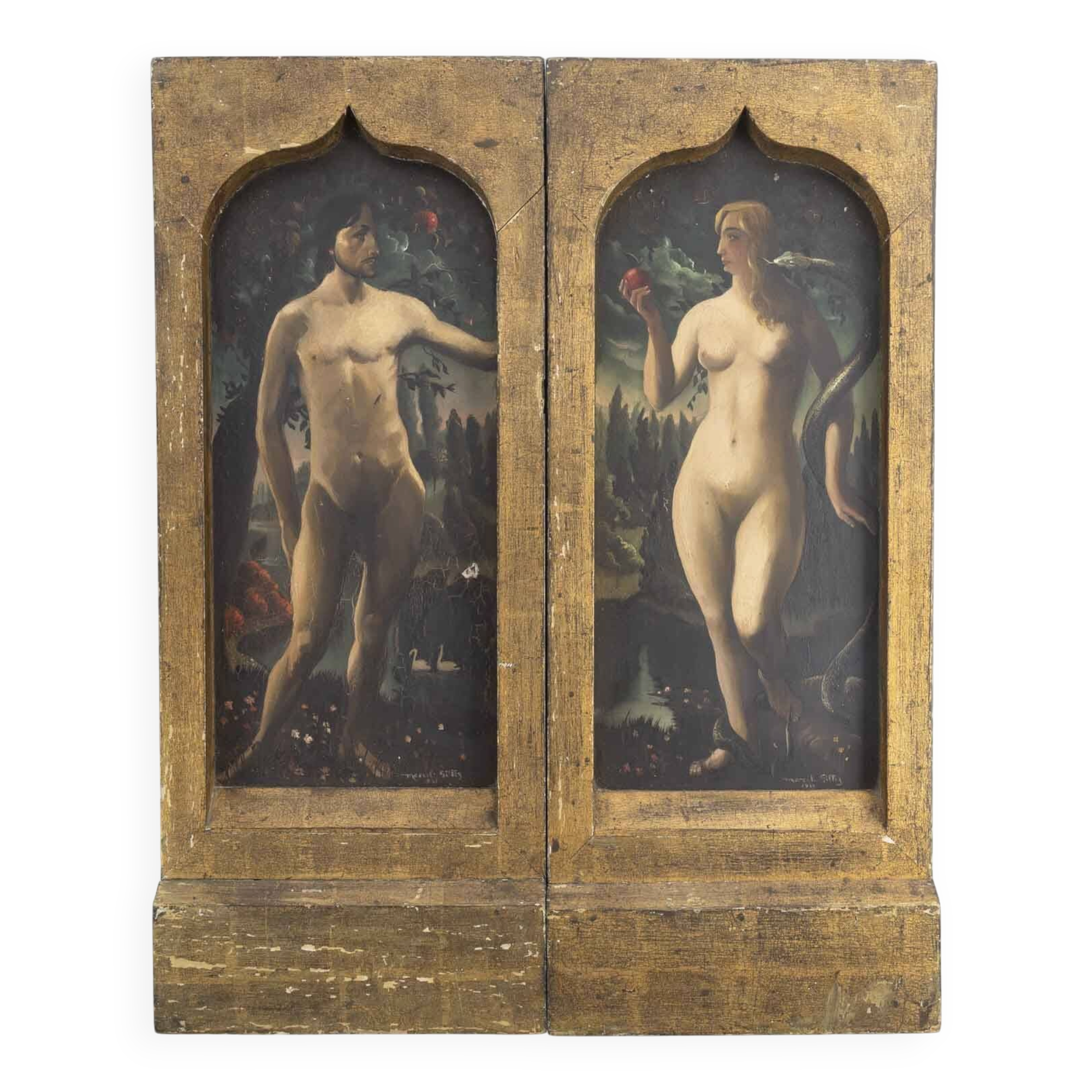 Marcel Gillis (Belgique, XXe siècle) Adam et Ève, 1931 Diptyque